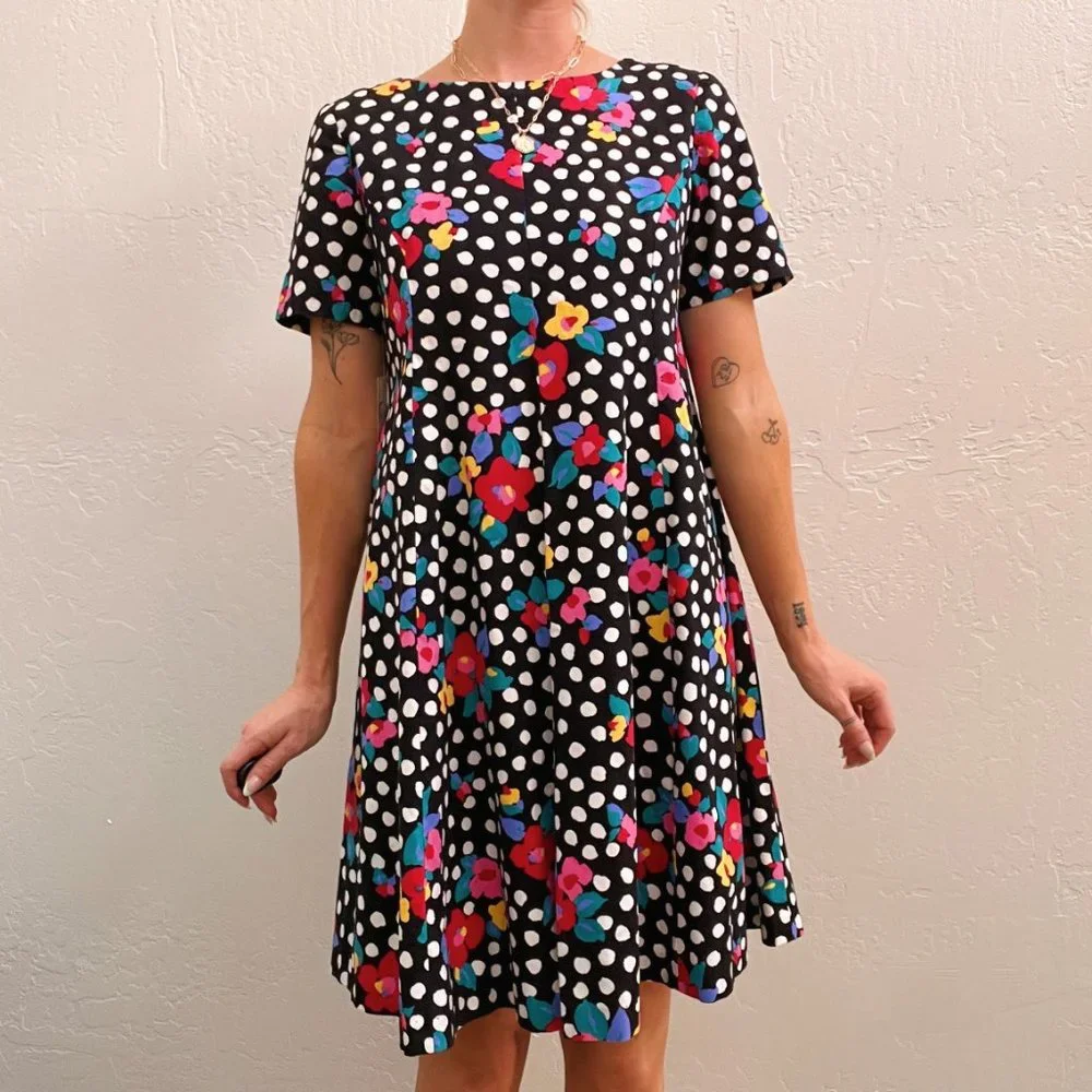 Vintage Black Funky Floral Dot Printed Short Sleeve Mini Dress - Picture 5 of 7